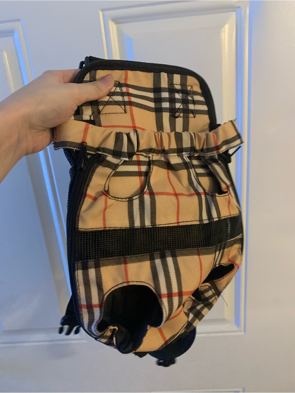 Plaid Polyester Dog Backpack Carrier Size S w/ Shoulder Straps, Mesh Pocket